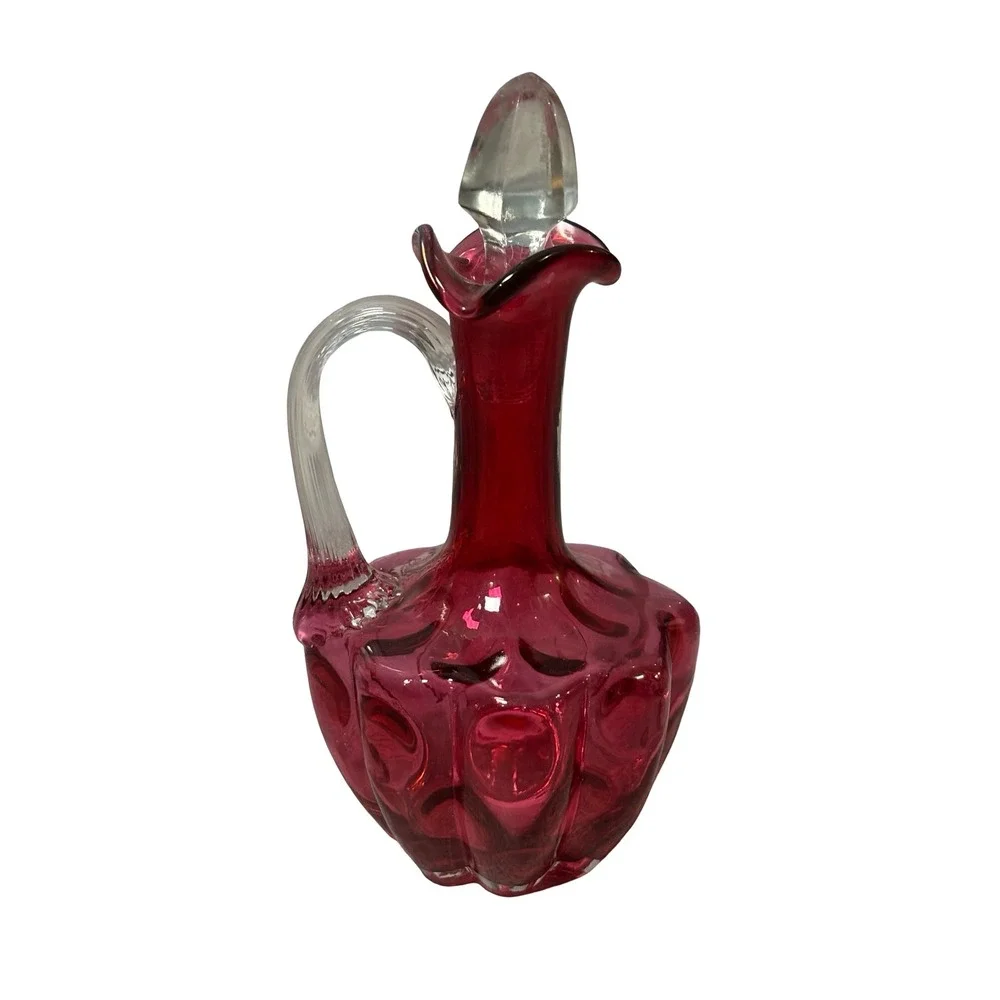 Vintage Cranberry Glass Thumbprint Cruet Decanter with Stopper Red 6in